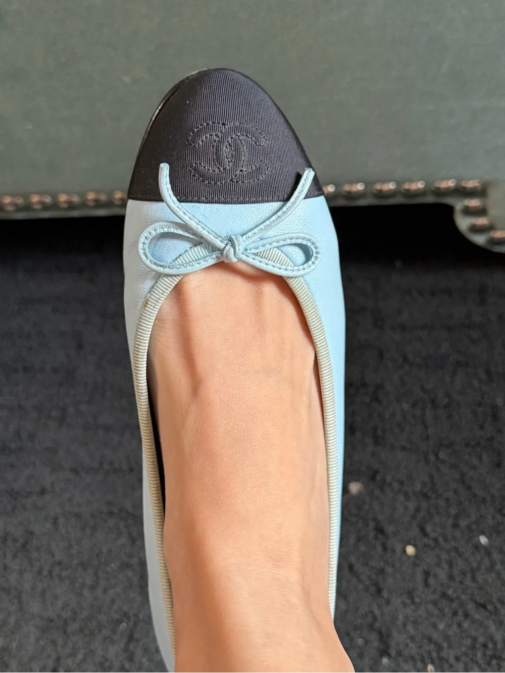 Chanel Two Tone Leather Ballet Flats Light Blue Black CC Bow Shoes 36.5